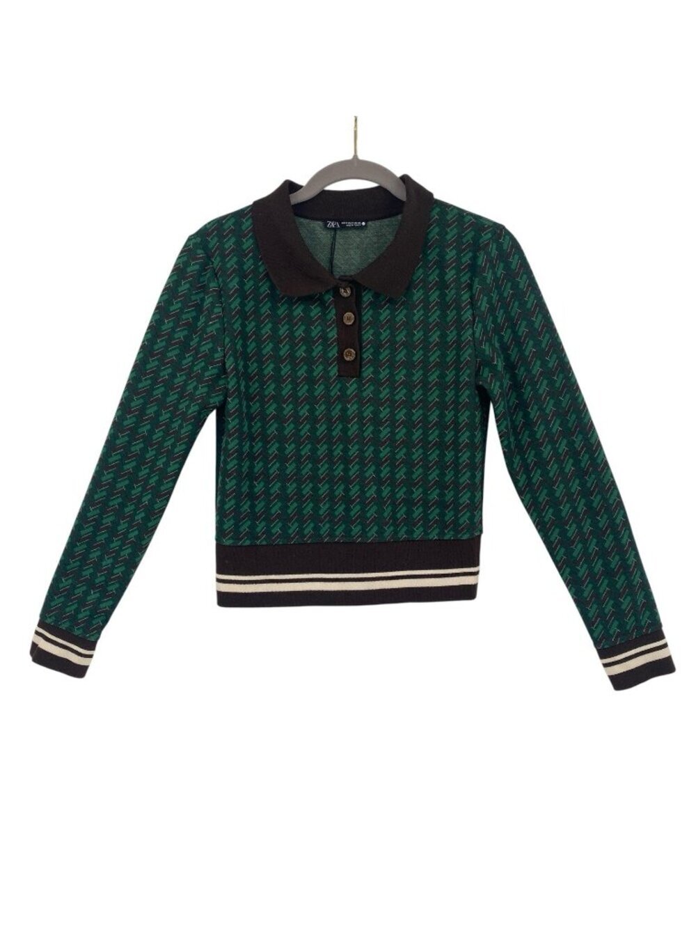 Zara Geo Print Jacquard Long Sleeve Polo Slightly Cropped Top Size Small Retro